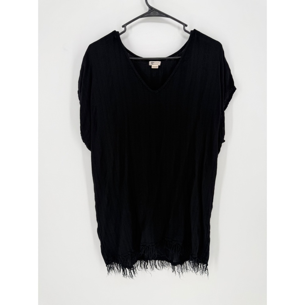 Billabong Swim Coverup Frayed Fringe Gauze Small Black V-Neck Boho Beach Tunic